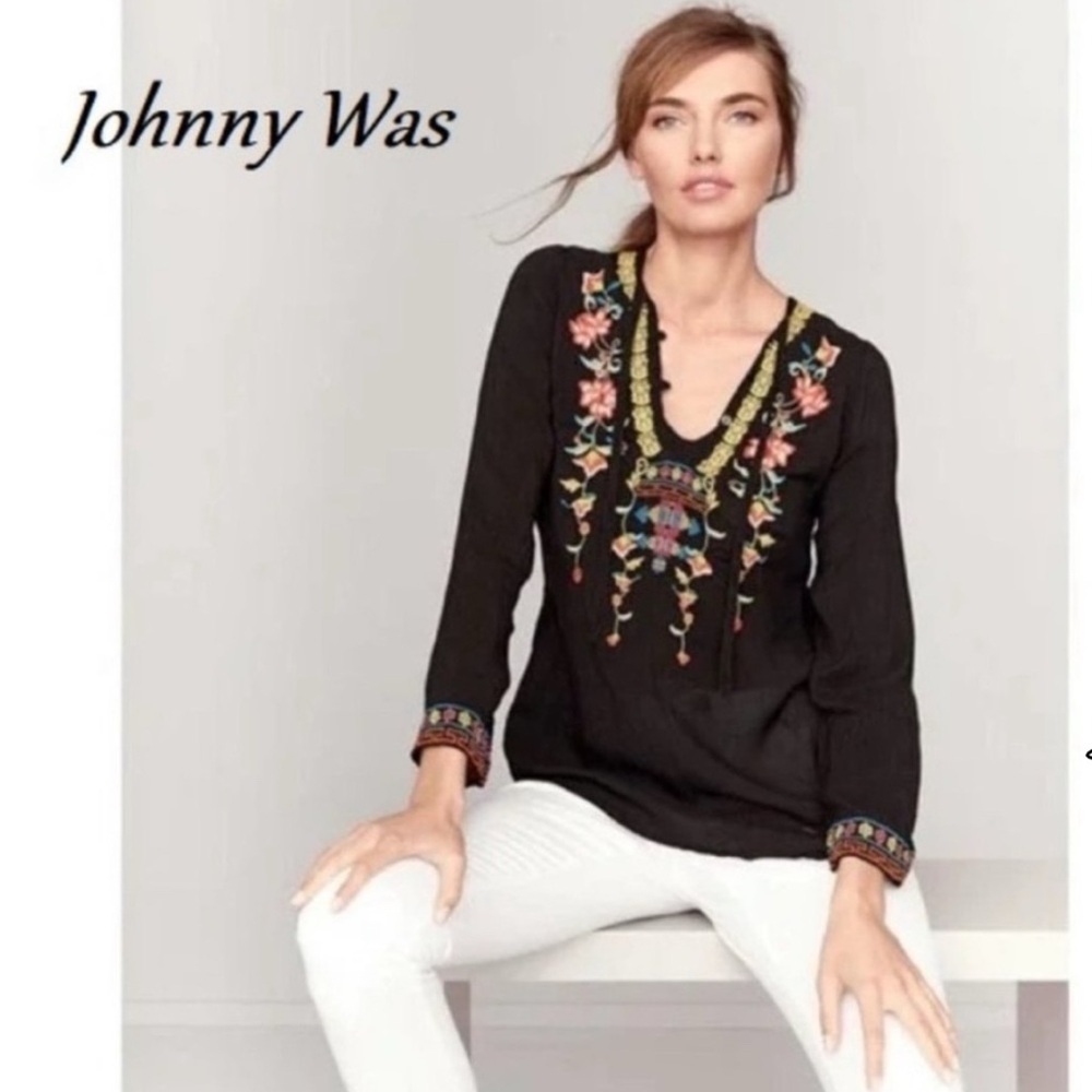 Johnny Was Black Floral Embroidered Suko V-Neck Blouse 1X XXL